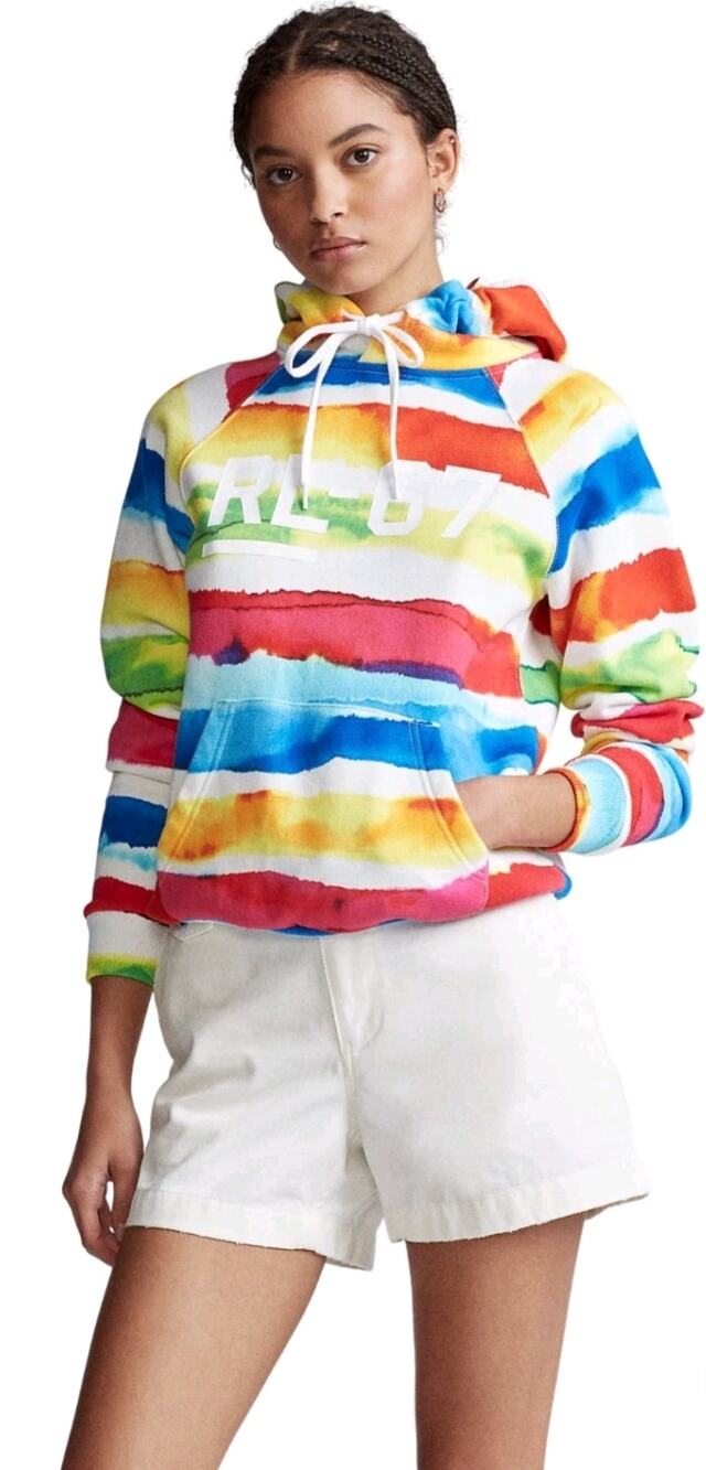 M1278)Polo Ralph Lauren Women RL-67 Watercolor Rainbow Stripe Fleece Hoodie L